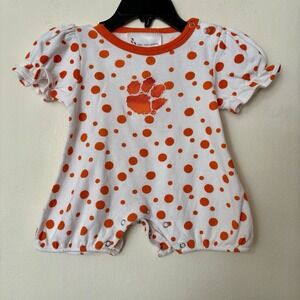 Clemson Tigers Baby Girl 6M One Piece Orange White Polka Dot Ruffle Cute Gameday